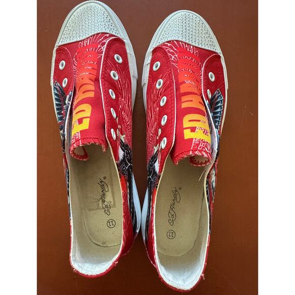 Y2K Ed Hardy Red Slip-On Low Top Sneakers Eagle Tattoo Rhinestone Toe Size 11 - Picture 6 of 8